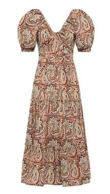 Anna Cate Midi Dress Tan Red Paisley Print Tiered Skirt Puff Sleeve New